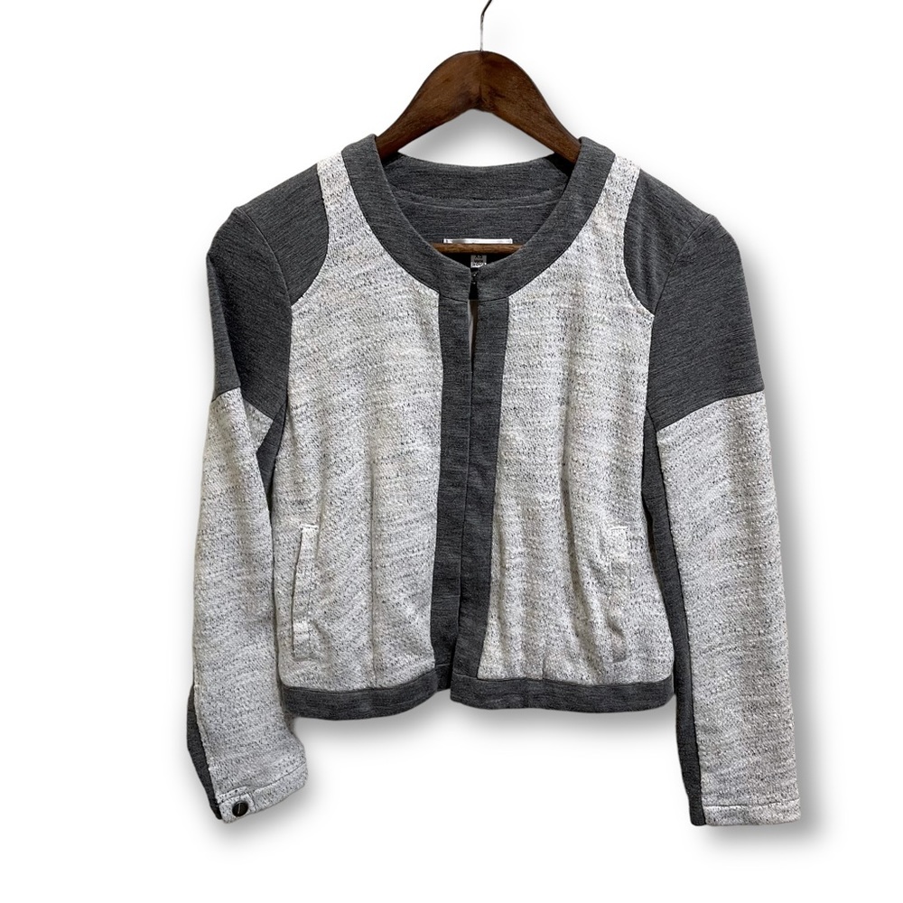 CAbi Womens Two Tone Cotton‎ Blend Jacket Cream Gray Hook & Loop Closure Size XS